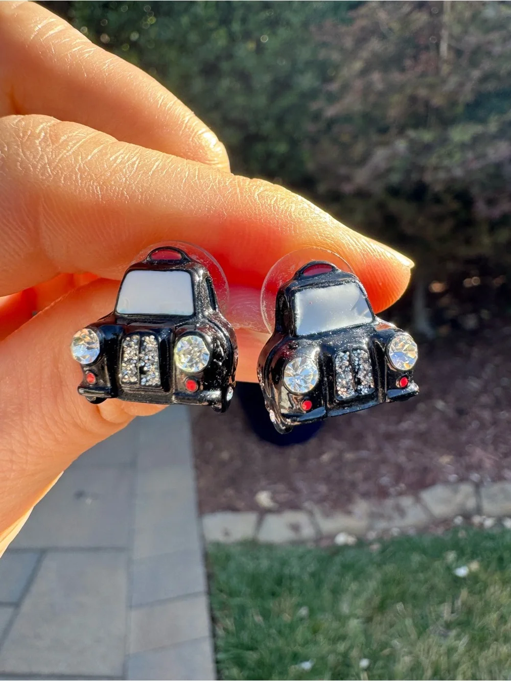 Betsy Johnson Black Car Stud Earrings with Crystal Accents